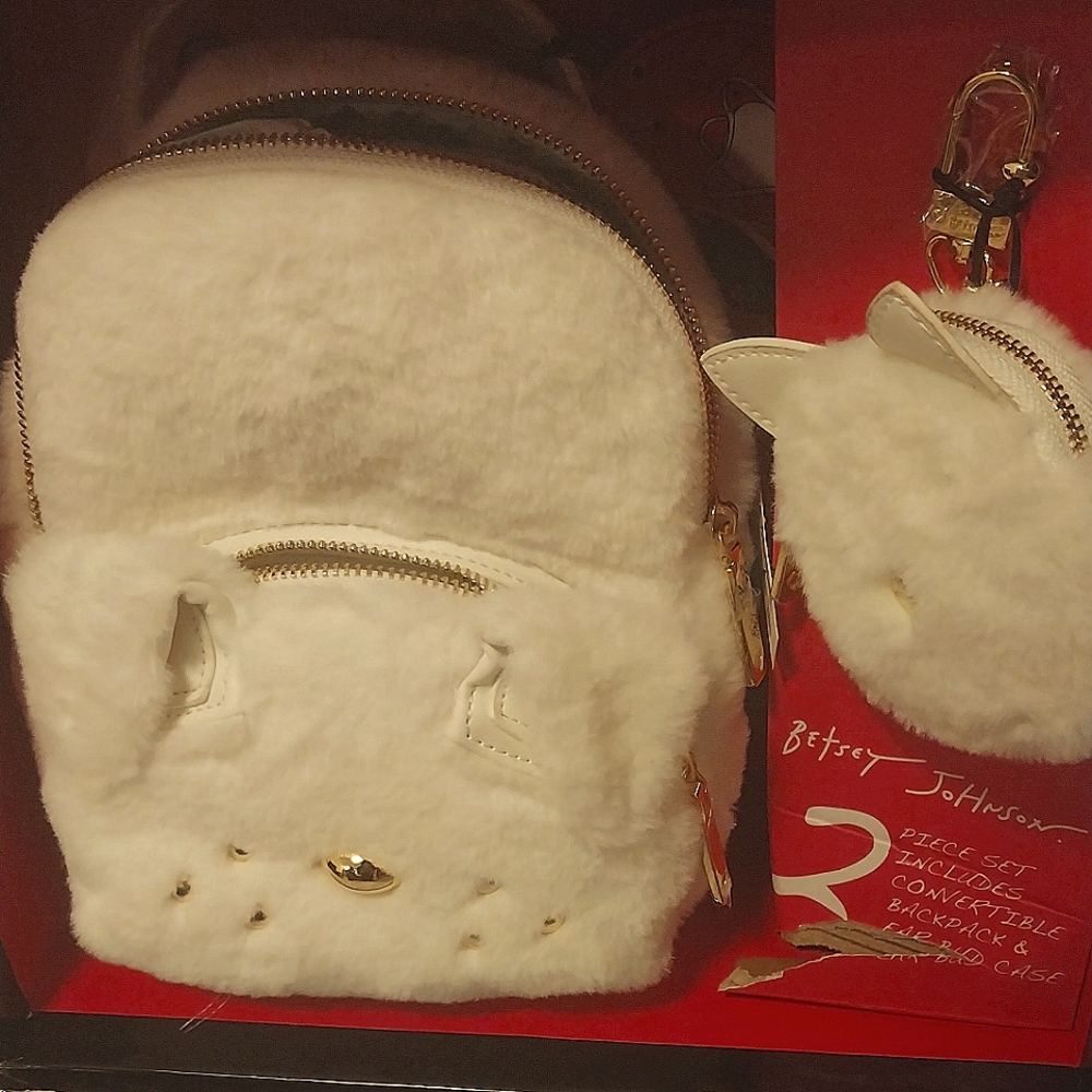 Betsey Johnson Fluffy White Backpack with Coin Pouch